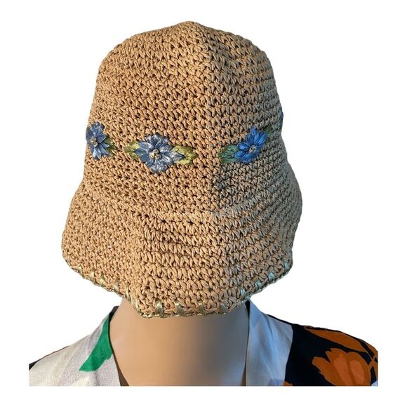 Women’s Beige Woven Paper Hat with Light Blue Flowers One Size Fits Most 12x8in - Picture 6 of 16